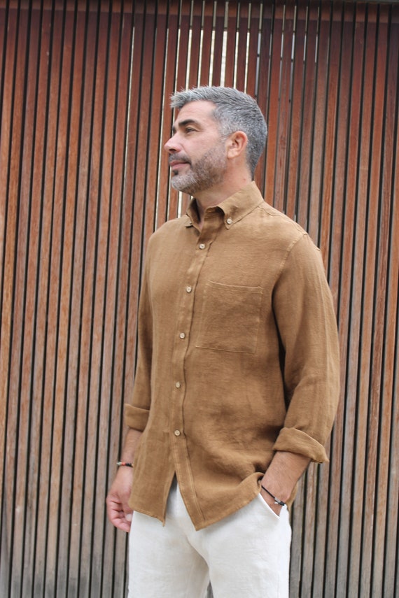Camisa lino beige hombre sale