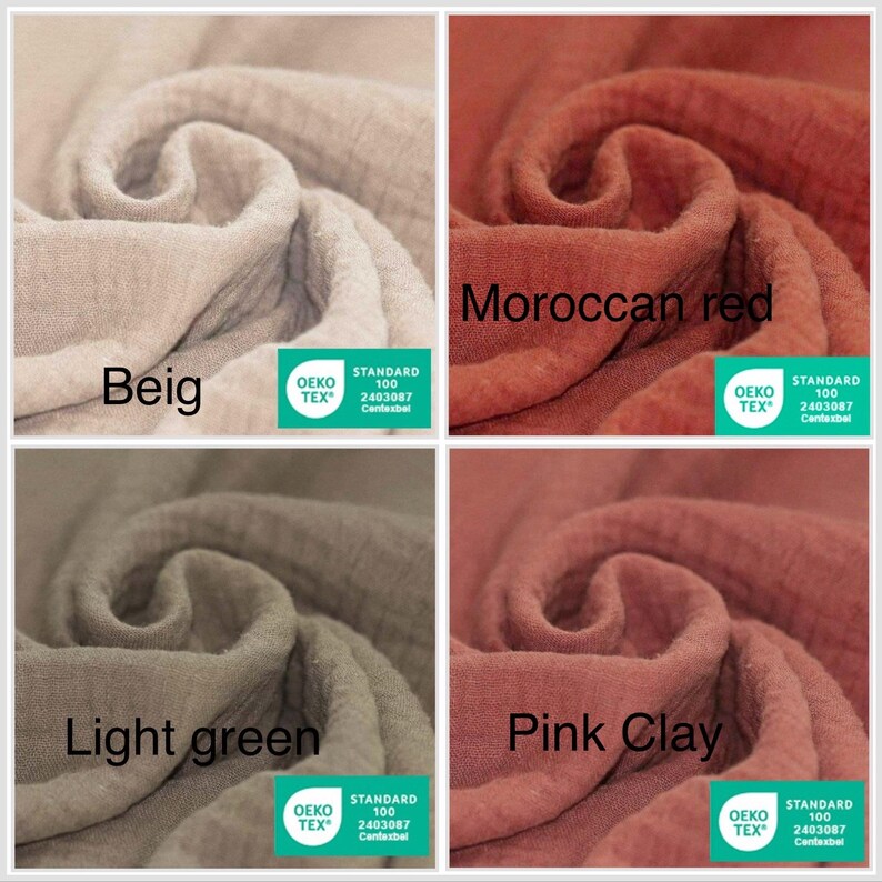 May include: Close-up of four fabric swatches in different colors: beige, Moroccan red, light green, and pink clay. Each swatch is labeled with its color name and features the Oeko-Tex Standard 100 label. The fabric appears to be a soft, textured material.