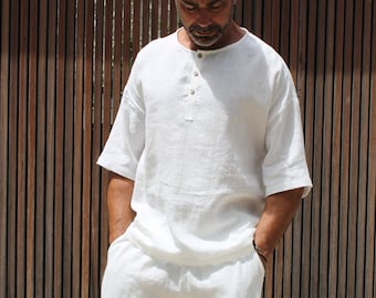 Conjunto de linho branco masculino: camisa e calça de verão Mateo