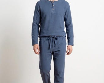 Männer Bio-Baumwoll-Pyjamas, Musselin-Nachtwäsche-Set aus Double Gauze, weiche, leichte Loungewear, umweltfreundliche Nachtwäsche
