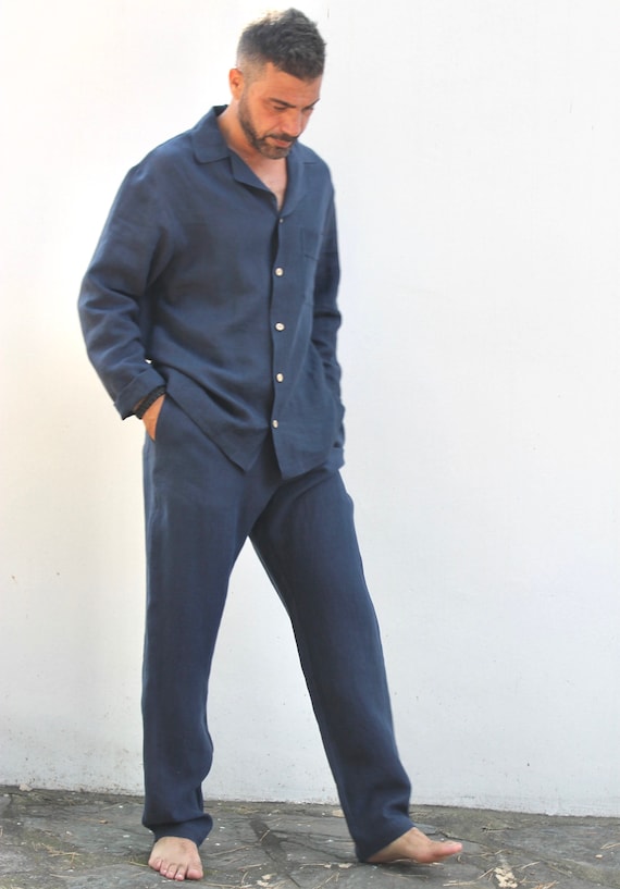 Kleding Herenkleding Pyjamas & Badjassen Sets Men's Linen Loungewear Set available in 30 COLORS Robe Linen Gift for Him Pajama Home Gift 