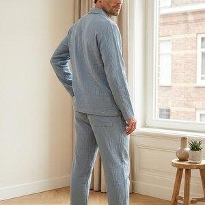 Men Cotton Double Gauze Pajama Set ,Classic Relaxed Fit Sleepwear, Breathable and Lightweight image 3