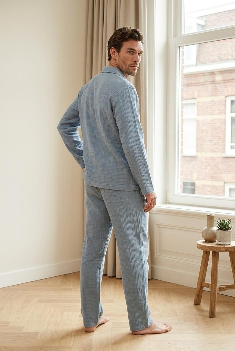 Men Cotton Double Gauze Pajama Set ,Classic Relaxed Fit Sleepwear, Breathable and Lightweight image 3