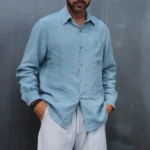 mens linen shirt, Galdana linen shirt, blue mens linen shirt,mens linen shirt with buttons