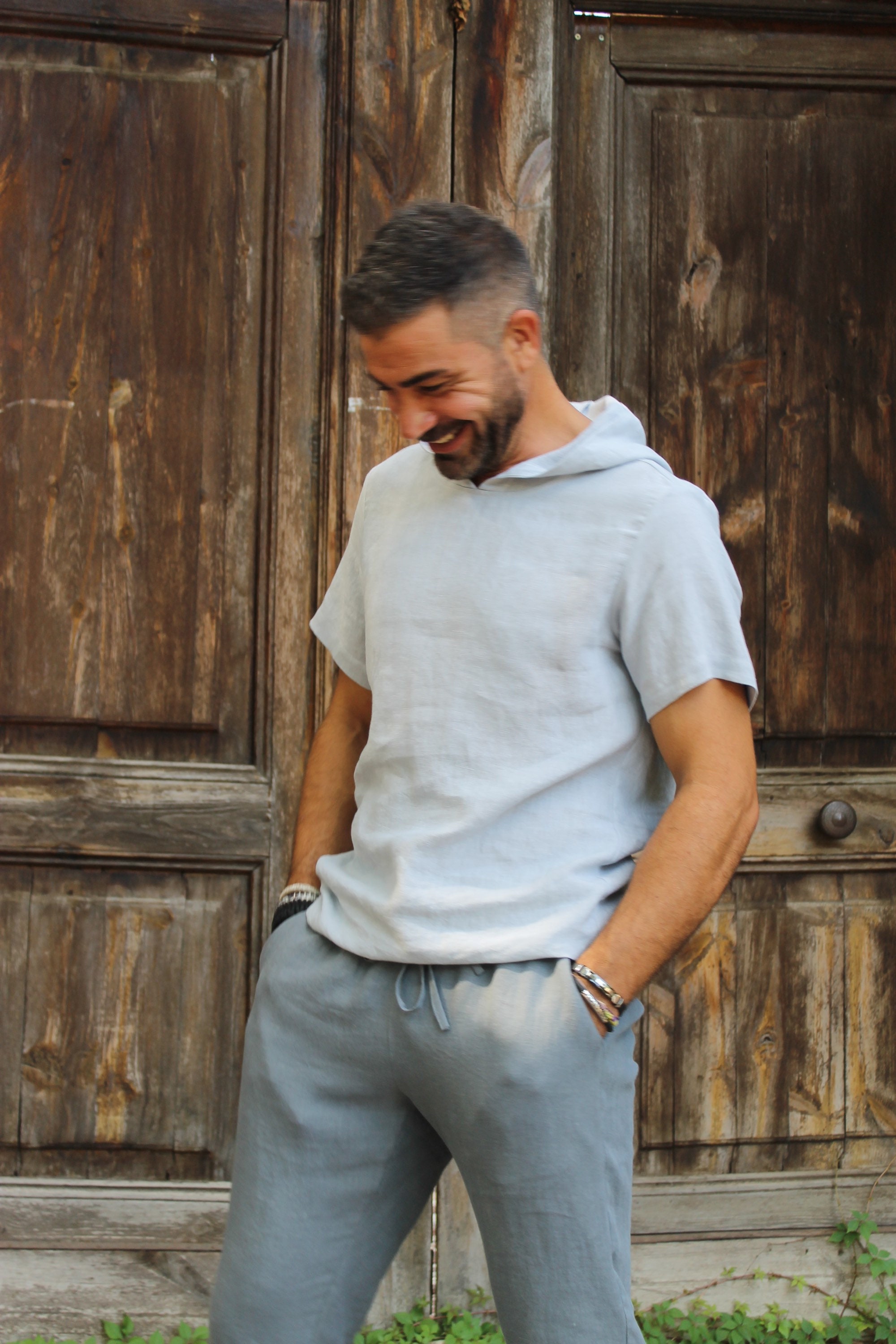 Mens white top linen hoodie