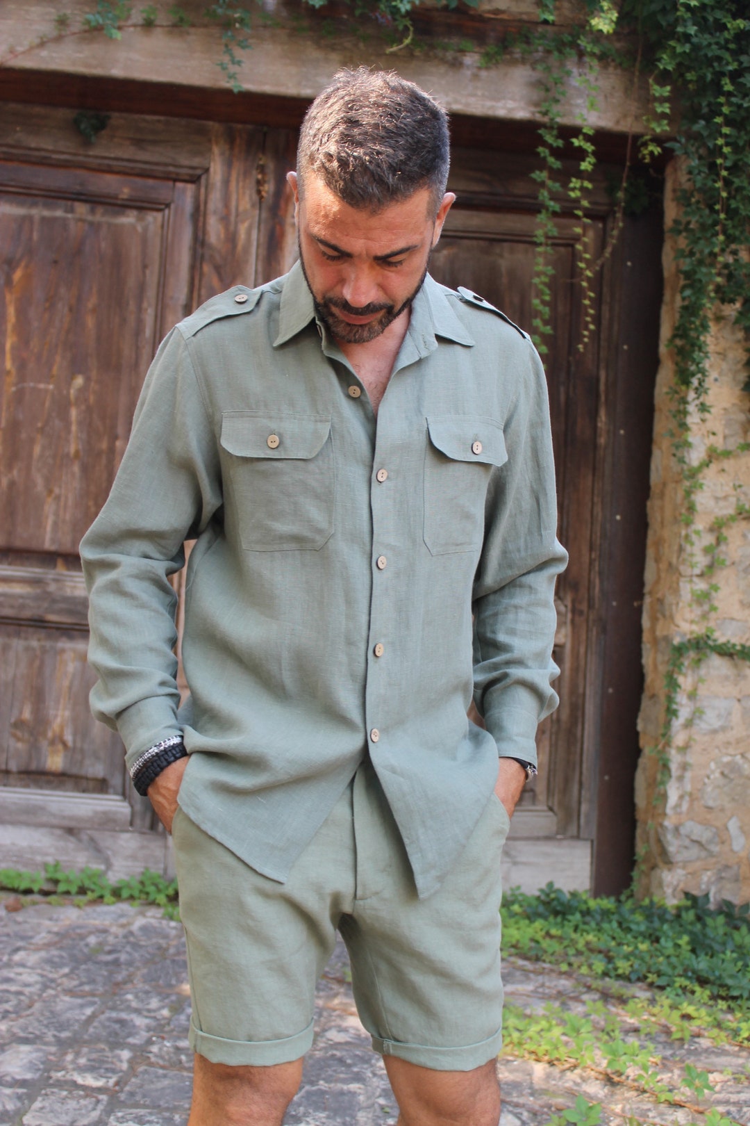 Men's Linen Shirt / Men's Army Style Shirt Forest Green Linen Shirt