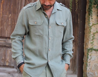 Men's Linen Shirt / Men's Army Style Shirt Forest Green Linen Shirt / Long Sleeve Linen Shirt