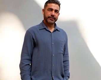 Men's Cotton Muslin Shirt: Lightweight Breathable Long Sleeve