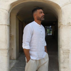 mens linen henley shirt,linen shirt for men. White linen shirt for men. Andrew men's linen shirt.