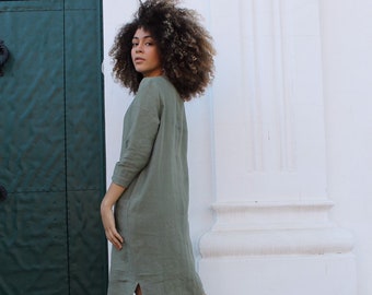 LINEN DRESS/Linen dres KUKOLOLA /linen dress with pockets/green linen dress/linen dress with sleeves/linen dresses/linen clothing.