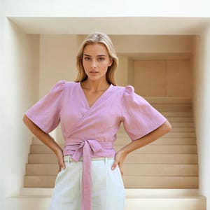 Leinen Wickel Crop Top, Bluse Nora, Leinenbluse für Hochzeit, Leinen Wickelbluse