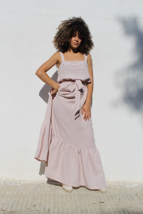 Light Pink Linen Dress: Handmade Summer Maxi with Bow