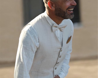 Ivory Linen Men's Suit, Elegant Groom Suit, Vest and Pants
