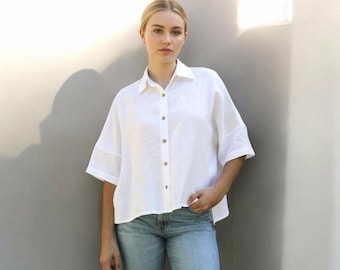 Oversized White Linen Shirt: Women's Button-Up Blouse,Kamakura Linen shirt