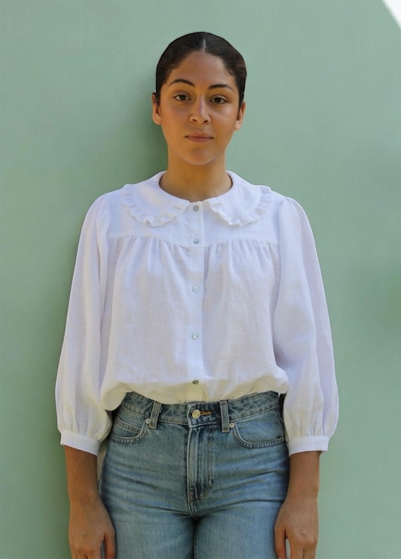 Handmade Linen Blouse, Peter Pan Collar, White