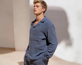 Herren Pyjama aus doppelter Gaze-Baumwolle: Leichte Nachtwäsche