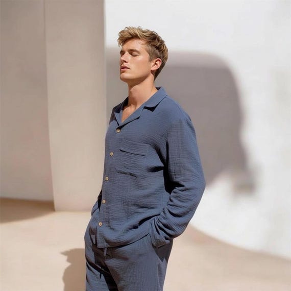 Men's Double Gauze Cotton Pajama Set: Lightweight Sleepwear