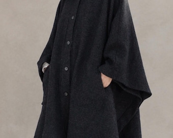 Handmade boiled wool hooded poncho: women's winter coat