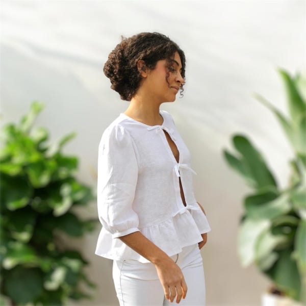 Romantic Linen Blouse: White Bow-Tie Top, Puffed Sleeves