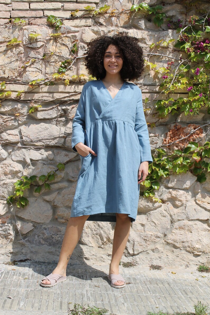 Linen dress/Linen dress ginger/Maternity Linen dress/Loose Linen dress/Washed Linen dress/Blue Linen dress/ image 1