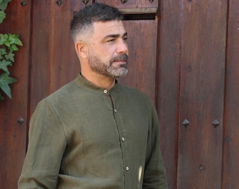 Mens Linen Mandarin Collar Shirt: Wedding Guest Attire,Tiziano men shirt,