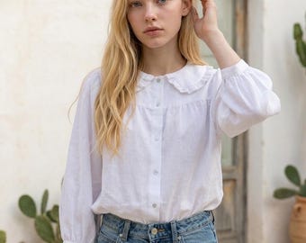 Linen Blouse, Peter Pan Collar White Blouse,Wendoline blouse