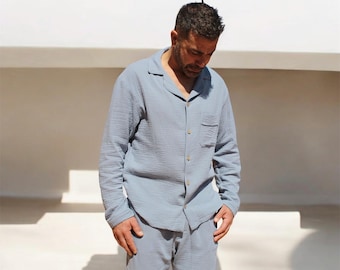 Herren Baumwoll-Double Gauze Pyjama Set, Classic Relaxed Fit Nachtwäsche, atmungsaktiv und leicht