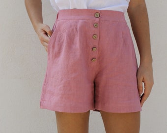 Linen shorts//Linen shorts RENE//pink shorts//buttoned shorts//pocket shorts//