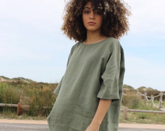 Tunic linen,woman blouse,Tunic linen Velero , linen tee green , linen blouse with pockets, Tunic washed linen .