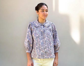 Floral Cotton Blouse, Ruffled Peter Pan Collar, Cottagecore Top