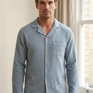 Men Cotton Double Gauze Pajama Set ,Classic Relaxed Fit Sleepwear, Breathable and Lightweight image 2