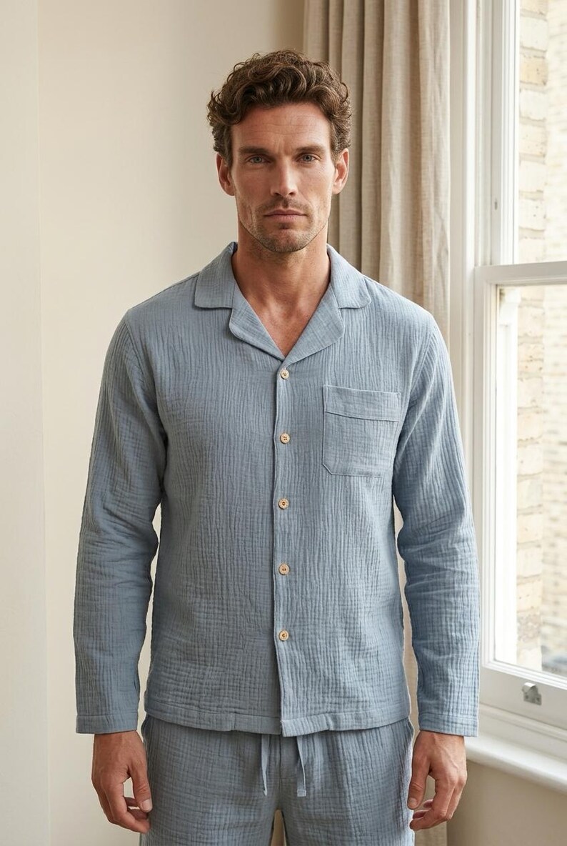 Men Cotton Double Gauze Pajama Set ,Classic Relaxed Fit Sleepwear, Breathable and Lightweight image 2