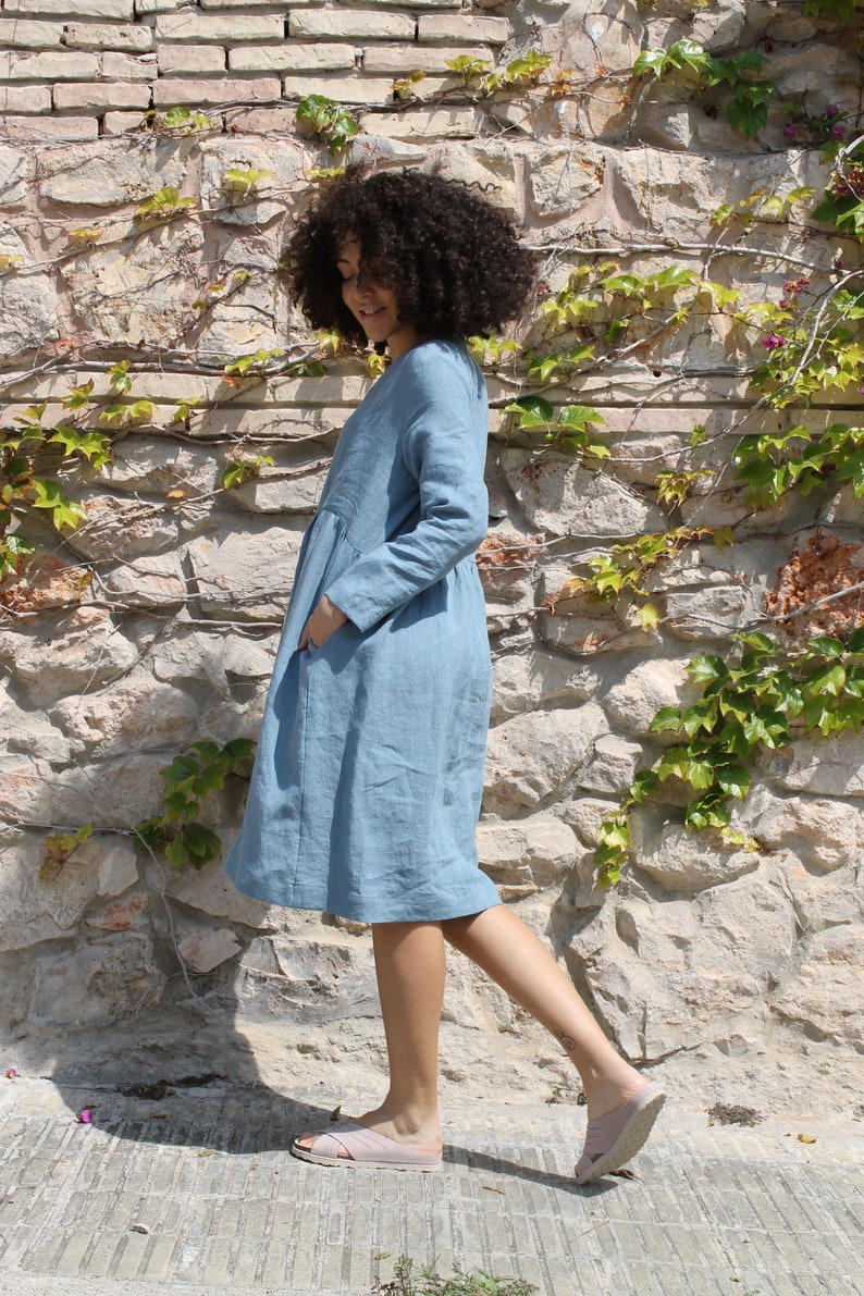 Linen dress/Linen dress ginger/Maternity Linen dress/Loose Linen dress/Washed Linen dress/Blue Linen dress/ image 3