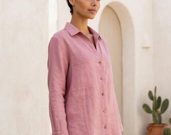 Camicia di lino da donna – Blusa estiva morbida con bottoni, camicia di lino Morgana