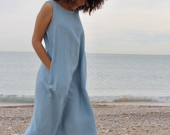 Ready to ship. LINEN DRESS/Linen dress SANDALO /sleeveless dress/loose dress/Sky blue linen dress.