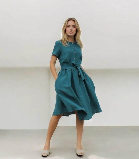 Handcrafted Teal Linen Midi Dress Belted Waist Short Sleeve - Iris Dress - Etsy Handcrafted Teal Linen Midi Dress Belted Waist Short Sleeve - Iris Dress - Etsy