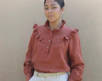 Victorian Linen Blouse, Puffed Sleeves, Handmade Gauze Top