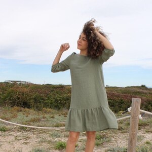 Listo para enviar/VESTIDO DE LINO/ropa de lino/vestido de lino MELISA/vestido de lino lavado/vestido de lino con volante en el dobladillo,/vestido de lino con mangas/