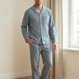 Men Cotton Double Gauze Pajama Set ,Classic Relaxed Fit Sleepwear, Breathable and Lightweight image 1