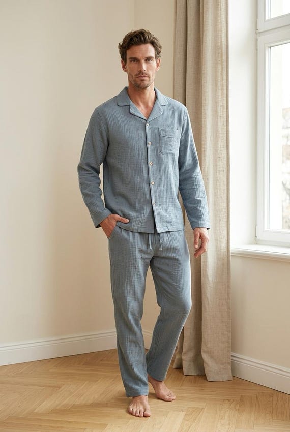 Men Cotton Double Gauze Pajama Set ,Classic Relaxed Fit Sleepwear, Breathable and Lightweight