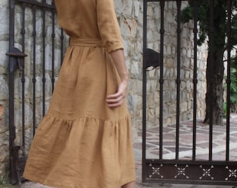 Linen dress MAIKO//vintage linen dress // ruffle dress // peasant dress //