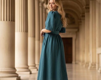 Handmade Linen Midi Wrap Dress, Puff Sleeves, Belted, V-Neck, Summer Style Marylin dress