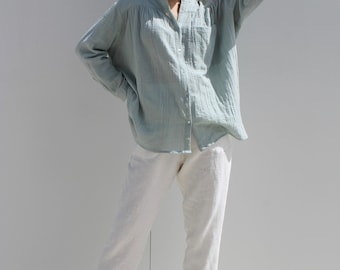 Light Linen Blouse: Bohemian Style, Mother-of-Pearl Buttons.Mirabella Linen shirt