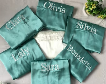 Dusty green Luxury Satin Silk Bridal Robes for bride & bridesmaids, Personalized Bridesmaid getting ready Robes and available in Plus Sizes
