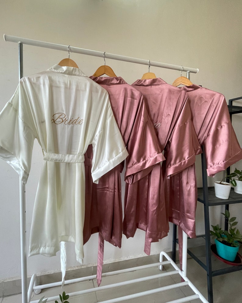 Blush Pink Bridesmaid getting ready Silk Kimono robe for Bridal party, Personalized Plus size Bride & Bridesmaid Robes for wedding day + Both Embroidery