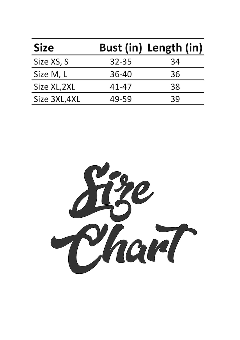 K&ouml;nnte beinhalten: Eine wei&szlig;e Gr&ouml;&szlig;entabelle mit schwarzem Text. Die Tabelle listet die Gr&ouml;&szlig;en XS bis 4XL, Brustumfang in Zoll und die L&auml;nge des Kleidungsst&uuml;cks in Zoll auf. Die Worte "Size Chart" sind in einer stilisierten Schrift geschrieben.