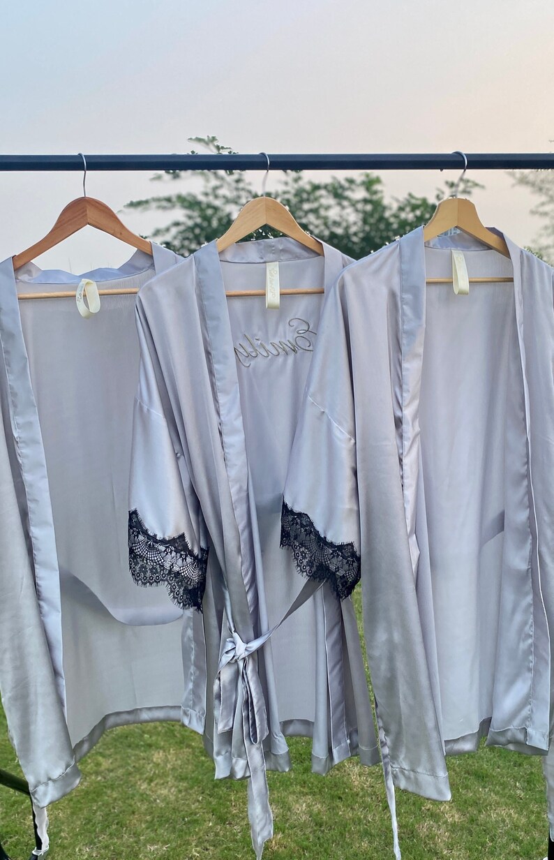 Silver Ripped Robe Charcoal Silver One Size Fit All Group of Getting Ready Lace Satin ...