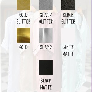 May include: A chart showing different font colors for a design project. The colors include gold glitter, gold, silver glitter, silver, black glitter, black matte, and white matte.