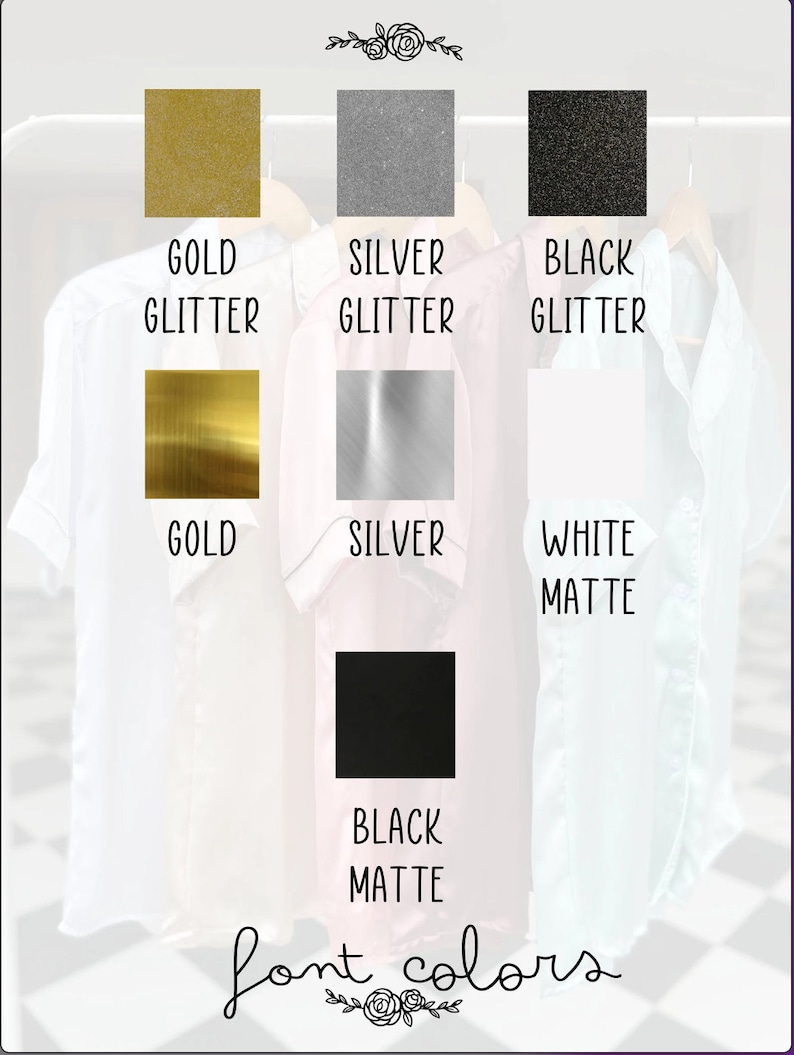 May include: A chart showing different font colors for a design project. The colors include gold glitter, gold, silver glitter, silver, black glitter, black matte, and white matte.