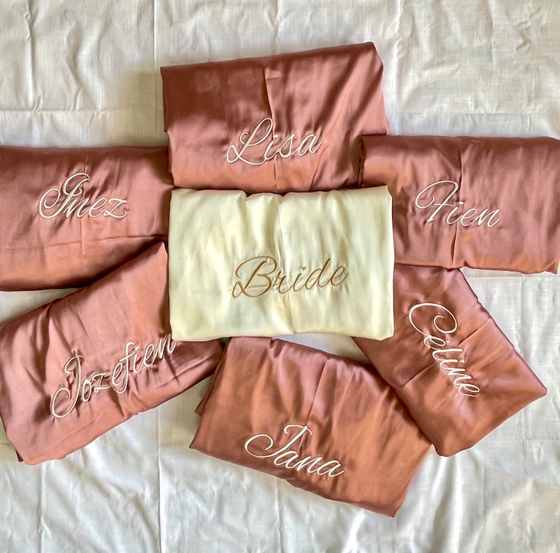 Blush Pink Bridesmaid getting ready Silk Kimono robe for Bridal party, Personalized Plus size Bride & Bridesmaid Robes for wedding day + Back Embroidery